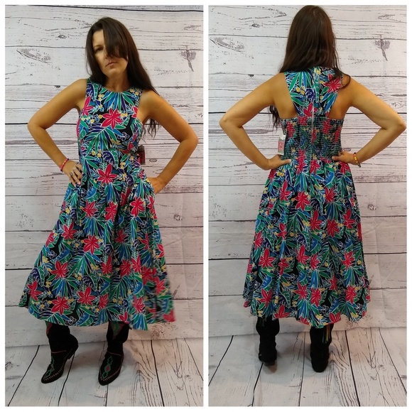 Vintage Dresses & Skirts - 80s floral print cutout back dress with pockets